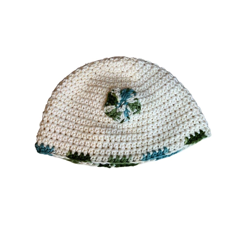 Crochet knit beanie hat Cream Blue Green Floral detail